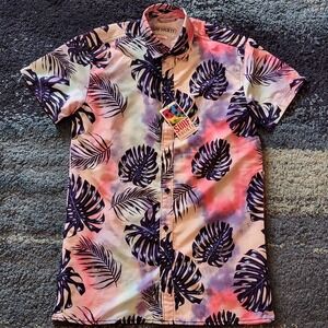 Surf Society Button Up Short Sleeve Shirt Hawaiian Palm Tree Tye Dye Men's Small